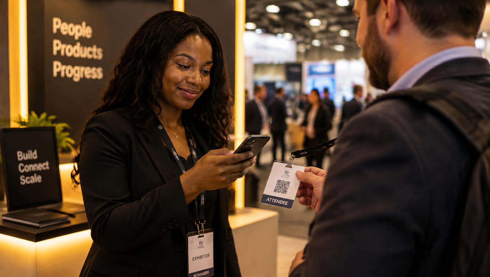 Sales rep scanning a visitor's conference badge with her phone at a trade show booth