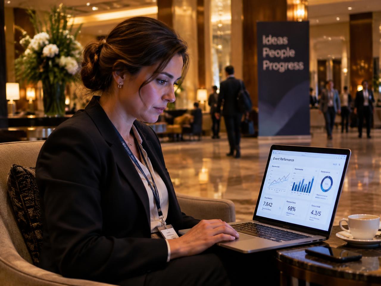 Marketing leader reviewing event performance charts on a laptop after a conference